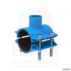Хомут врезной стальной ВЗПА для ПВХ/ПНД труб 3-х секц. ОД=630 L=300 отвод внутр. резба ДУ80